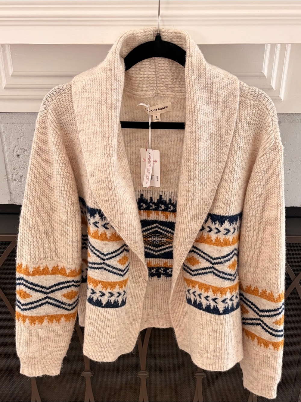NWT/Lucky Brand Faire Isle Shawl Collar Open Front Cardigan/SzMedium